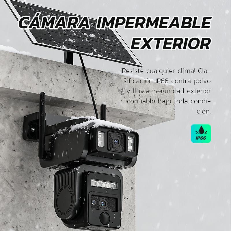 Cámara WiFi de Seguridad Solar Exterior con Lente Dual y Batería 8000mAh - Modelo AJ19-WiFi, 8MP Ultra HD, 360° Panorámica, Visión Nocturna a Color, Alarma Sonora, Comunicación Bidireccional, Sin Mensualidad (Tarjeta SD/Gratis 7 Días), IP66, Fácil Instala