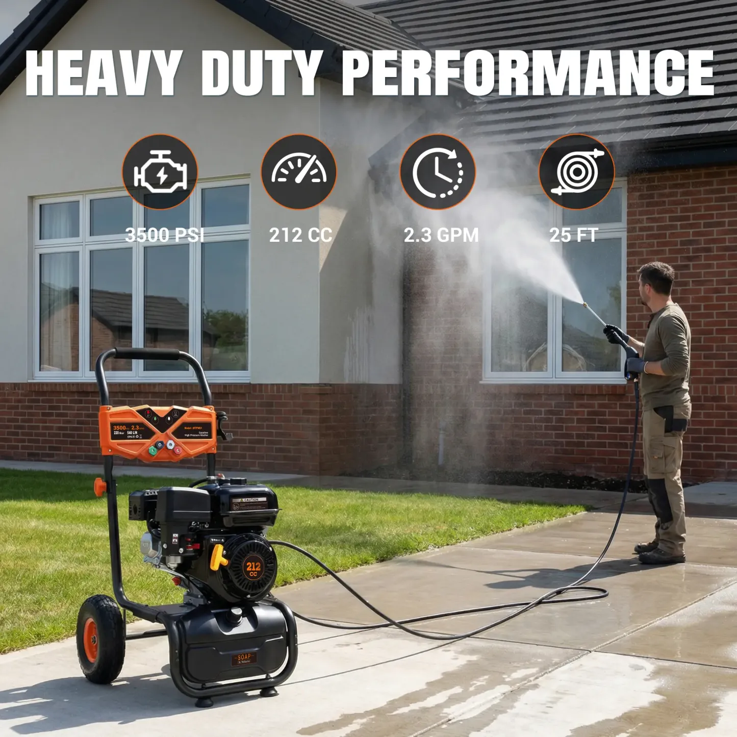 Hidrolavadora a gasolina Efurden de 3500 PSI y 2.3 GPM — Hidrolavadora de alta potencia y uso rudo, con motor de 209 cc y 7 HP, manguera de presión de 25 pies, bomba axial de aluminio, tanque para jabón y 4 boquillas de conexión rápida.