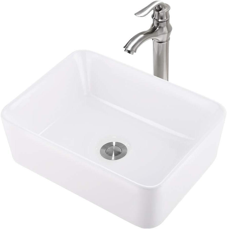 VOKIM - Conjunto de fregadero y llave de baño de 20 x 14 pulgadas, rectángulo moderno sobre el mostrador, porcelana negra, lavabo de cerámica y llave de bronce aceitado