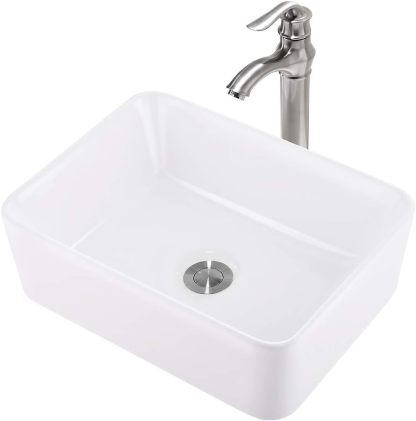 VOKIM - Conjunto de fregadero y llave de baño de 20 x 14 pulgadas, rectángulo moderno sobre el mostrador, porcelana negra, lavabo de cerámica y llave de bronce aceitado