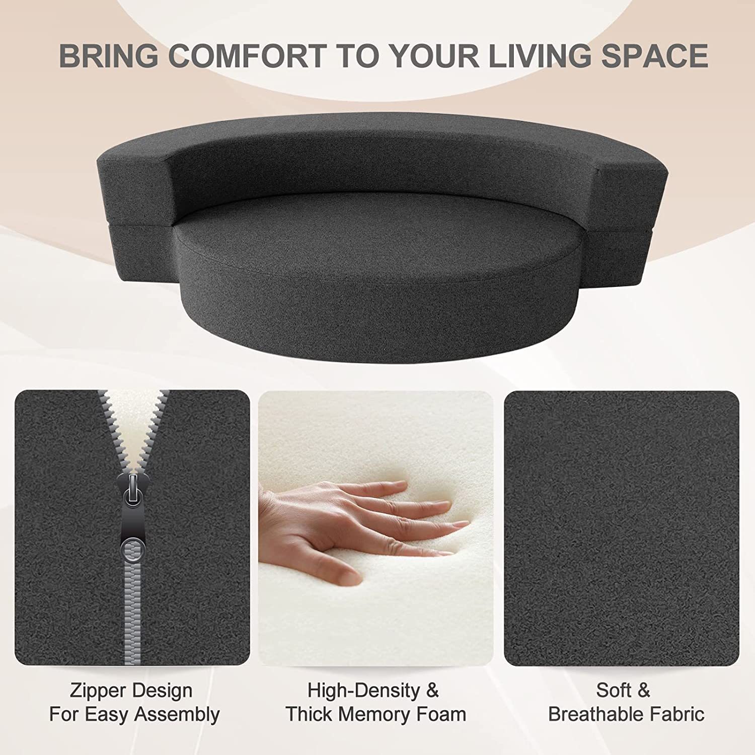 Nigoone - Sofá plegable tamaño Queen de espuma viscoelástica con 2 almohadas, sillón perezoso, triple futón, camas convertibles, funda lavable, gris oscuro