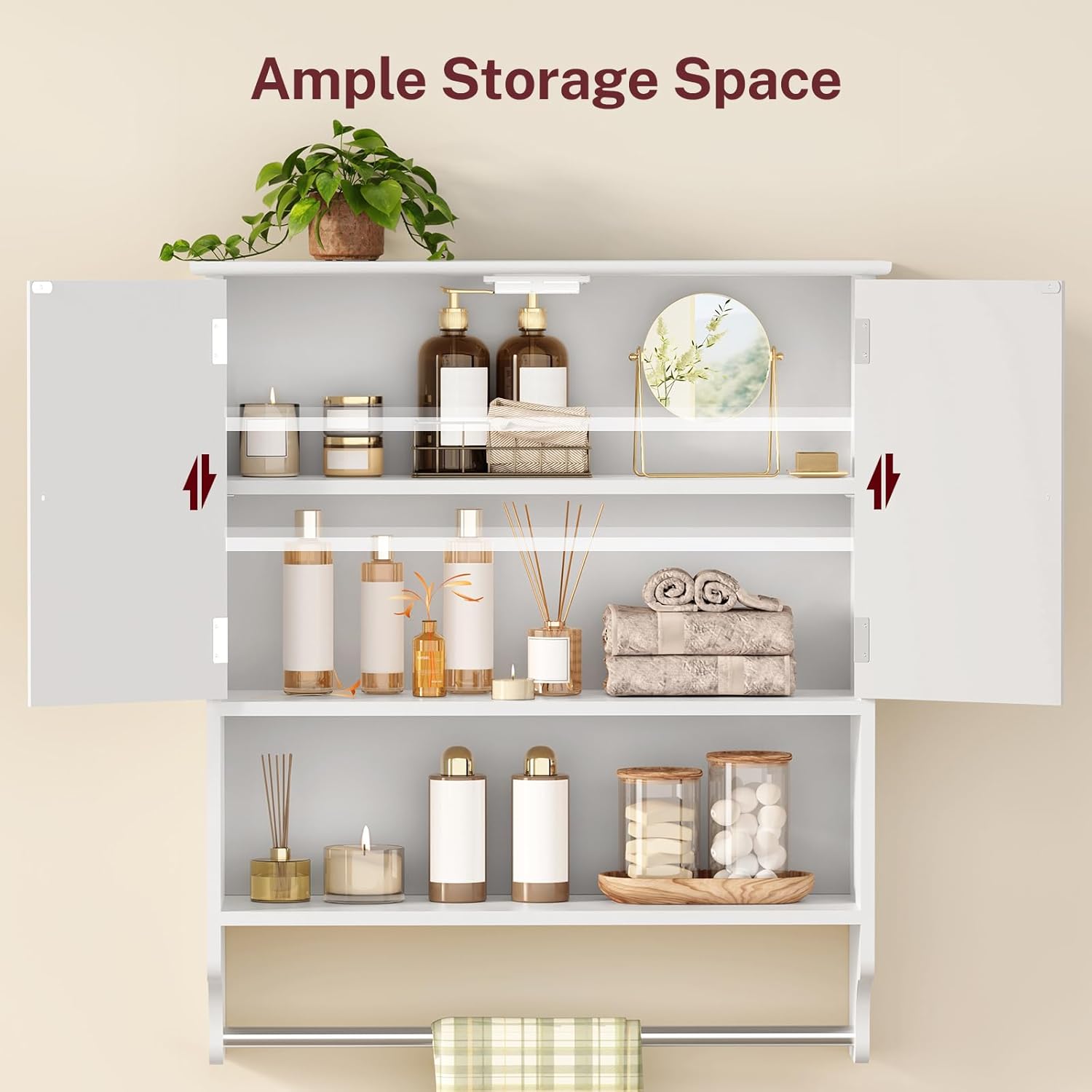 Iwell Mueble de baño montado en la pared con toallero y estante ajustable, clóset de almacenamiento sobre el inodoro, gabinete de medicina para baño, blanco