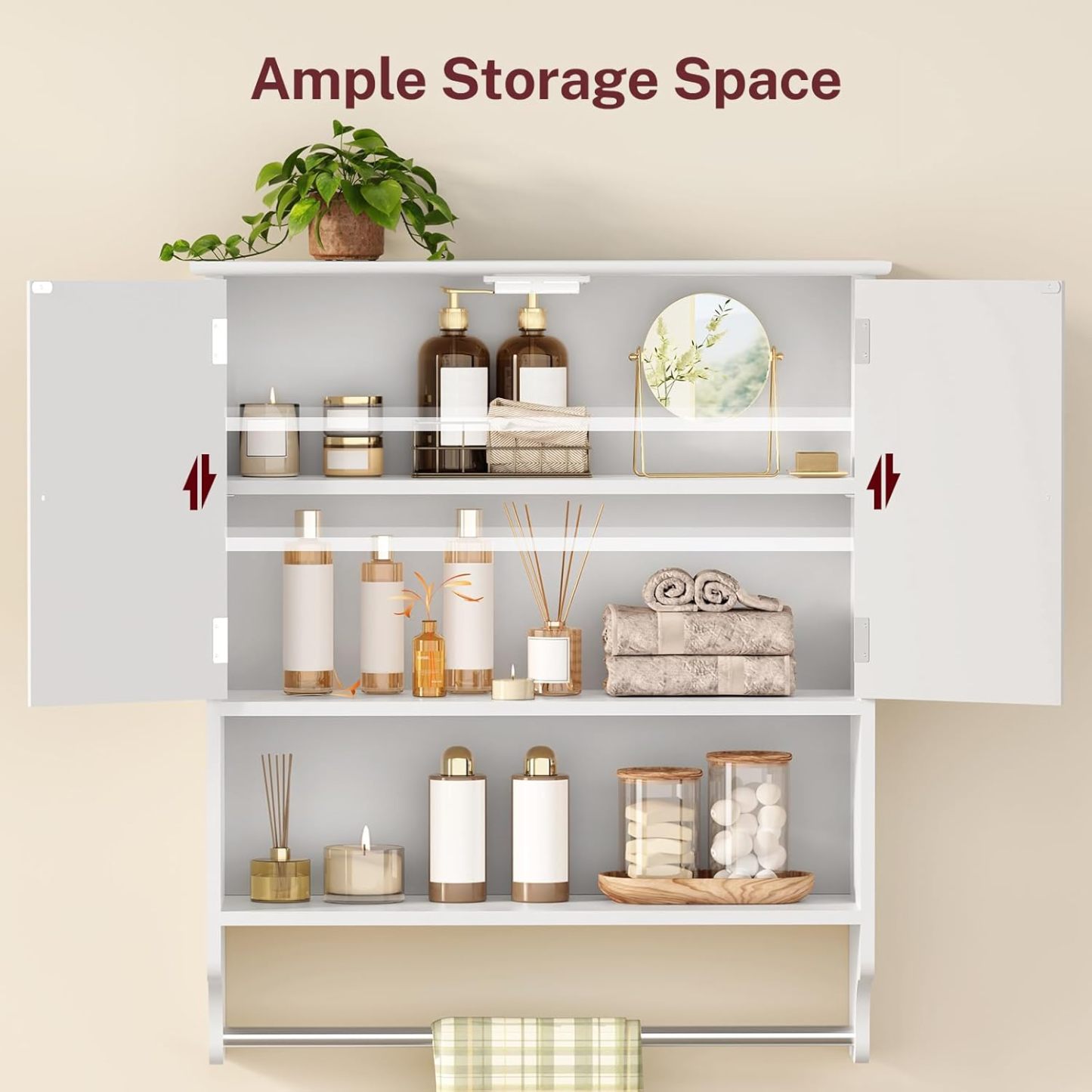 Iwell Mueble de baño montado en la pared con toallero y estante ajustable, clóset de almacenamiento sobre el inodoro, gabinete de medicina para baño, blanco