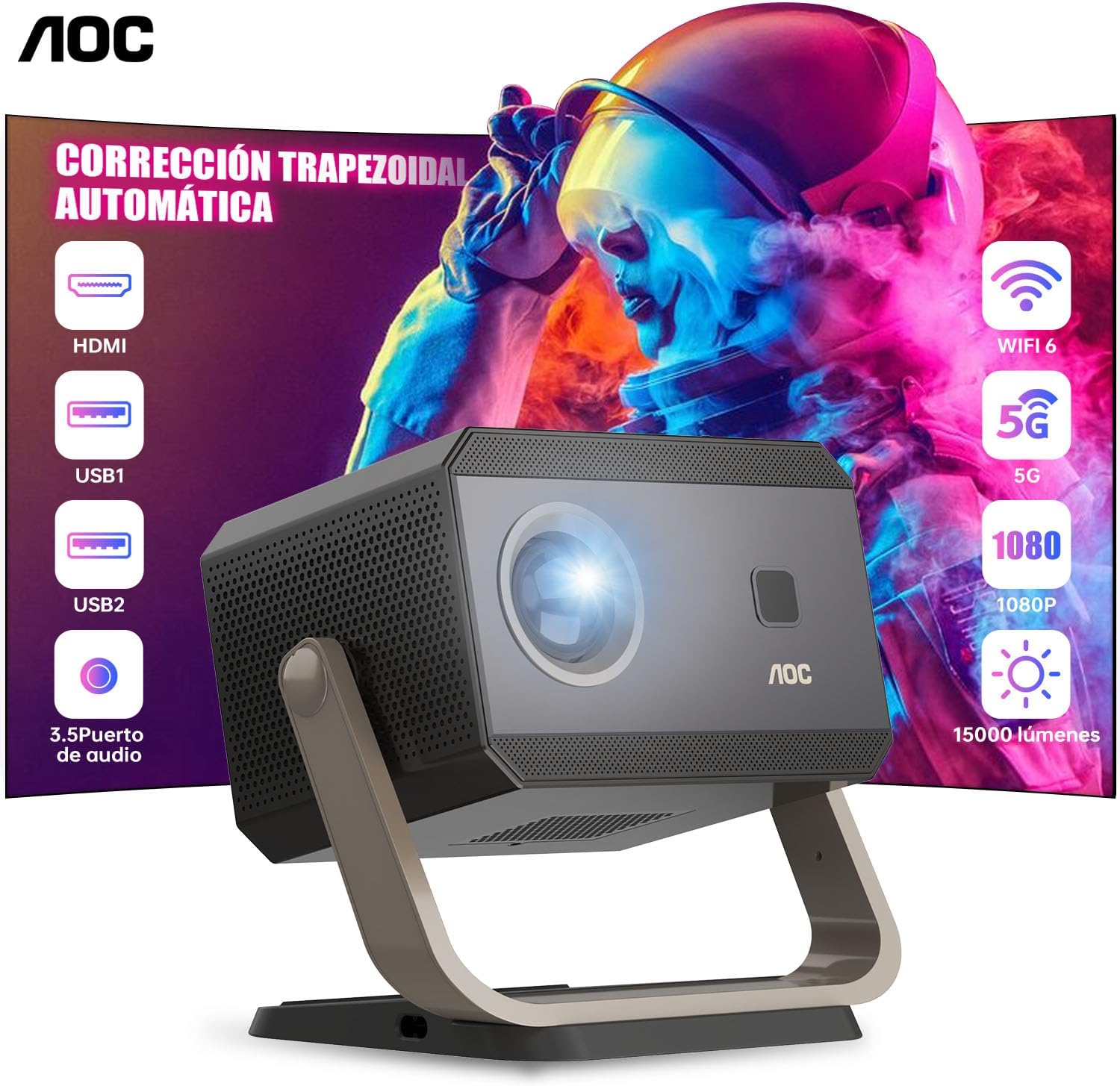 AOC Proyector portátil 4K Full HD,Enfoque automático,corrección Trapezoidal y ángulo Ajustable,con WiFi6 y Bluetooth,15000 lúmenes,Compatible con iOS,Android,PC,PS4 y PS5 para Trabajar y Jugar
