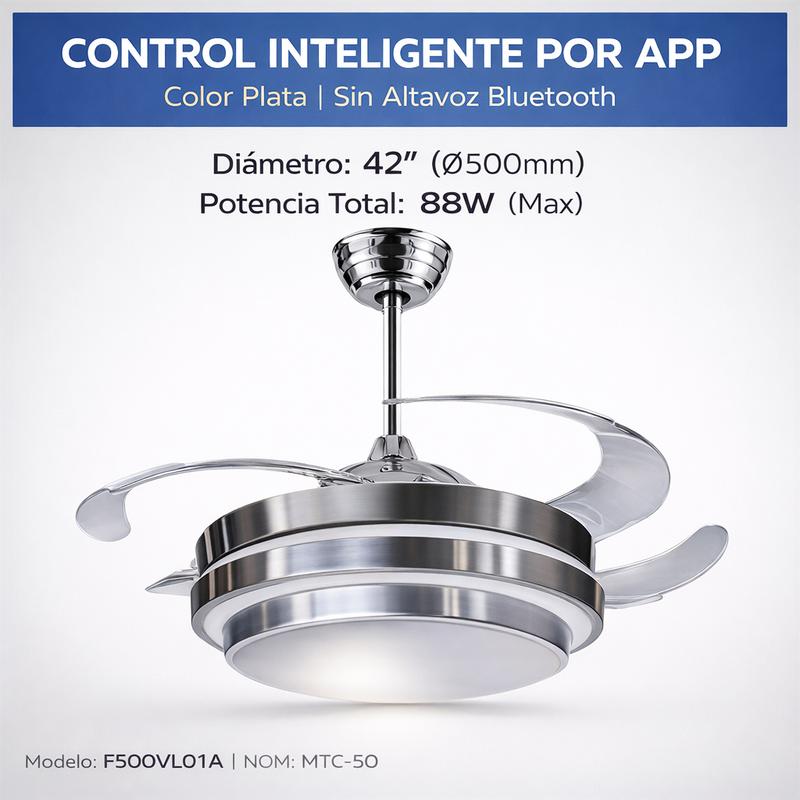 Lámpara con Ventilador de Techo MEGALUZ 42 Pulgadas Hoja Retráctil, 3 Temperaturas de Color, Bluetooth, Control Remoto, para Sala/Habitación
