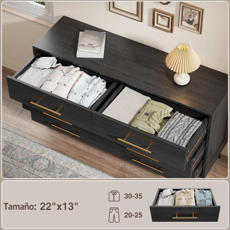 Cómoda de 6 Cajones para Recámara - Cajonera de Madera con Tiradores de Metal, Mueble de Almacenamiento Organizador para Dormitorio, Sala de Estar, Entrada (Negro)