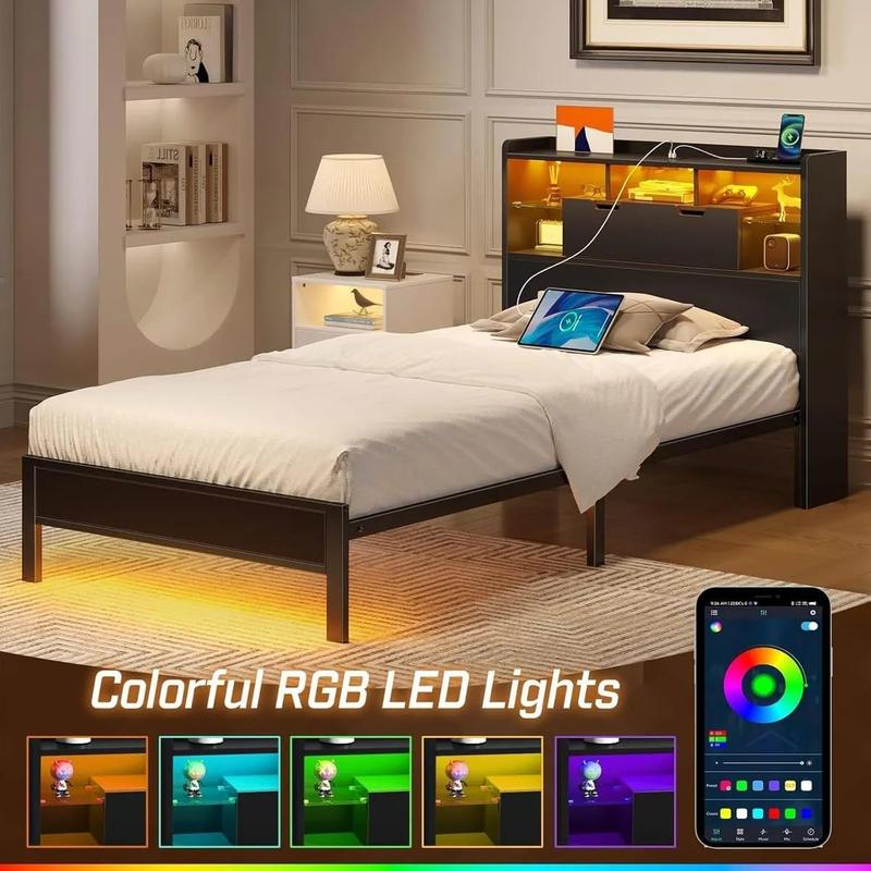 Cama Ironwood, Marco de Cama Metal Negro con Luces LED, 3 Puertos USB y 6 Estantes - Base de Almacenamiento, Resistente, Fácil Montaje (Individual / Matrimonial / Queen)