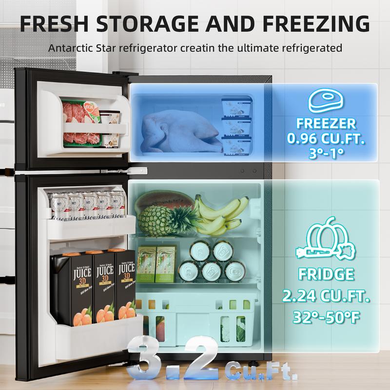 [Existencias limitadas] Mininevera de 3,2 pies cúbicos con congelador; refrigerador compacto de doble puerta con estantes ajustables y extraíbles, ideal para dormitorios, apartamentos, oficinas o sótanos.