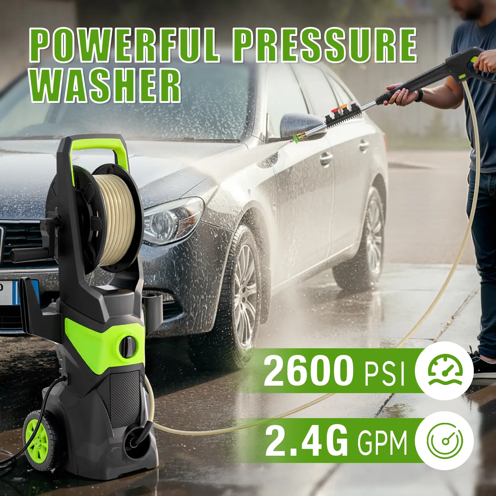 Hidrolavadora eléctrica 2600 PSI 2.4 GPM con 4 boquillas y cañón de espuma, ideal para autos, entradas, terrazas, cercas y limpieza exterior.