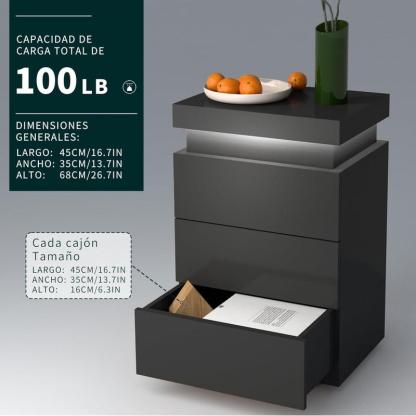 Mesita de Noche Inteligente con Luz LED Ajustable, 3 Cajones, Tapa Deslizante, Puertos USB y Tomas de Corriente, 45x35x68cm, Estación de Carga para Recámara, Negro