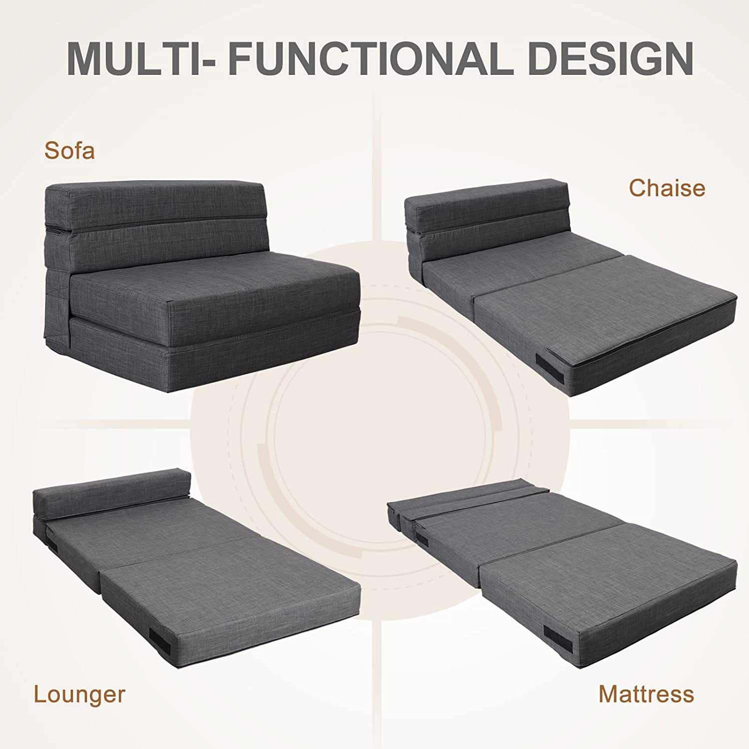 Nigoone - Sofá plegable tamaño Queen de espuma viscoelástica con 2 almohadas, sillón perezoso, triple futón, camas convertibles, funda lavable, gris oscuro