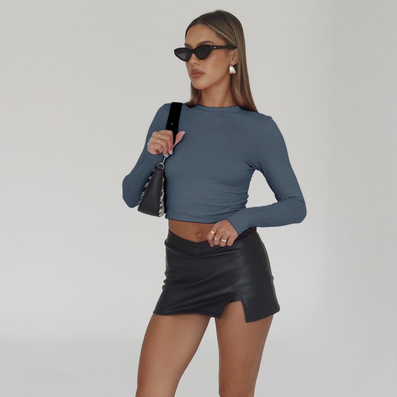 AUTOMET Women's 3-Piece Long Sleeve Basic Crop T-Shirts - Slim Fit, Soft Polyester Fabric, Round Neck, Simple Style, Fall Fashion, Going Out Tops, Y2K Underscrubs Layer, Haze Blue/White/Black Womenswear Blouses & Shirts,summervibes