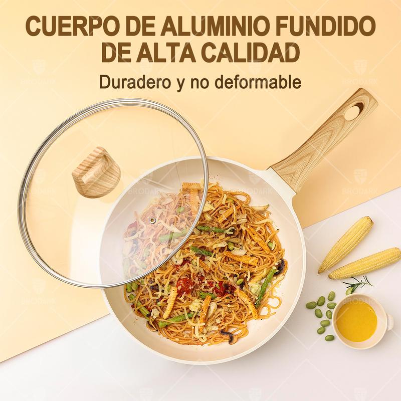 BRODARK Juego de 15 piezas de ollas y sartenes, con sartenes antiadherentes de cerámica en blanco y negro, compatible con placas de inducción, con manijas con impresión de madera, tapas de vidrio, incluye una cazuela de caldo y un sartén, y apto para horn
