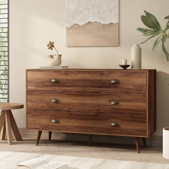 Cómoda de 6 Cajones para Recámara - Cajonera de Madera con Tiradores de Metal, Mueble de Almacenamiento Organizador para Dormitorio, Sala de Estar, Entrada 