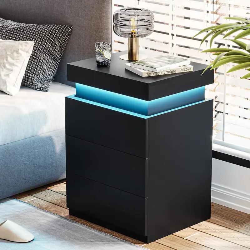 [Rebajas de verano] Mesita de noche Sikaic con estación de carga y luces LED, mesita de noche con tapa deslizante para dormitorio, mesita de noche con cajones, mesa auxiliar moderna, muebles para el hogar, artículos esenciales para residencias estudiantil