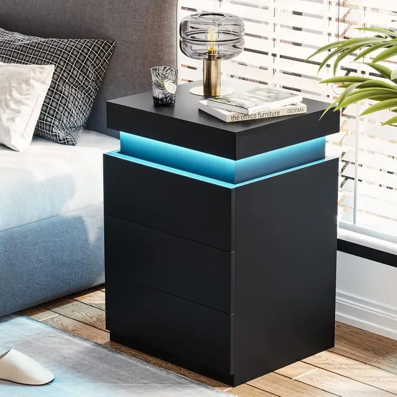 [Rebajas de verano] Mesita de noche Sikaic con estación de carga y luces LED, mesita de noche con tapa deslizante para dormitorio, mesita de noche con cajones, mesa auxiliar moderna, muebles para el hogar, artículos esenciales para residencias estudiantil
