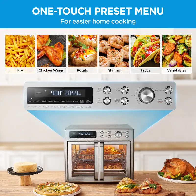 Horno tostador con freidora de aire y puerta francesa Midea Flexify de 26.4 cuartos de galón, horno freidora de aire extragrande de encimera 10 en 1, cocción un 25 % más rápida y un 90 % menos de aceite, ventilador de convección de diseño elegante, regalo