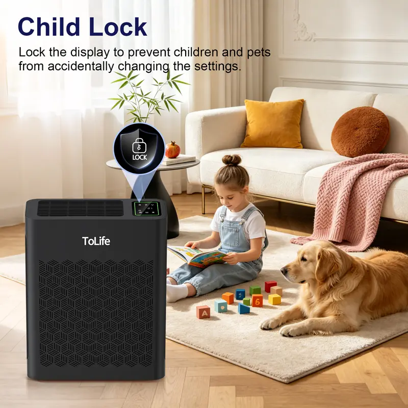 Purificador de aire ToLife TZ-K2 para habitaciones grandes (hasta 99 m²). Indicador de partículas PM 2.5, modo automático, temporizador, filtro HEPA: ¡elimina humo, polen y caspa de mascotas!