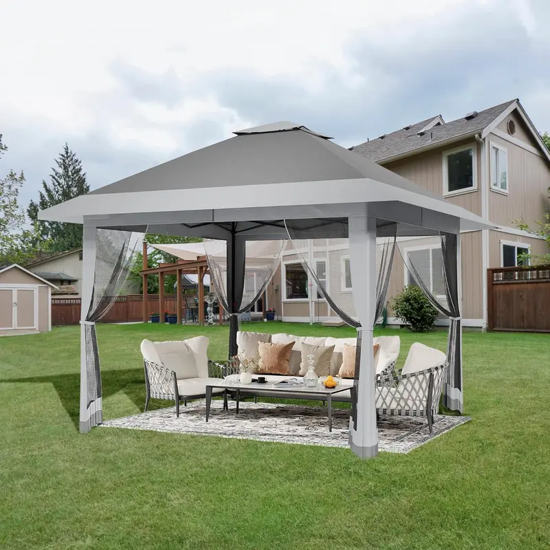 Carpa plegable Garvee de 13x13 pies con estructura metálica, sombrilla exterior de acero para lluvia y sol con malla, techo de doble ventilación, altura ajustable, fácil montaje, refugio impermeable para el patio trasero, toldo y estructura de sombra mode