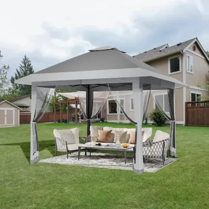 Carpa plegable Garvee de 13x13 pies con estructura metálica, sombrilla exterior de acero para lluvia y sol con malla, techo de doble ventilación, altura ajustable, fácil montaje, refugio impermeable para el patio trasero, toldo y estructura de sombra mode