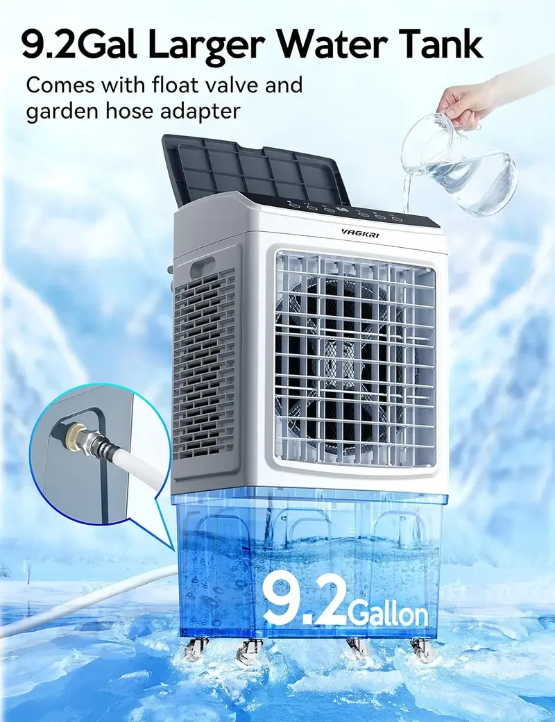 El enfriador de aire evaporativo VAGKRI cuenta con un tanque de agua de 9.2 a 12 galones, un enfriador evaporativo de 2100 a 3000 CFM, oscilación de 120° con control remoto, temporizador de 24 horas, 3 modos y velocidades de viento para uso en interiores 