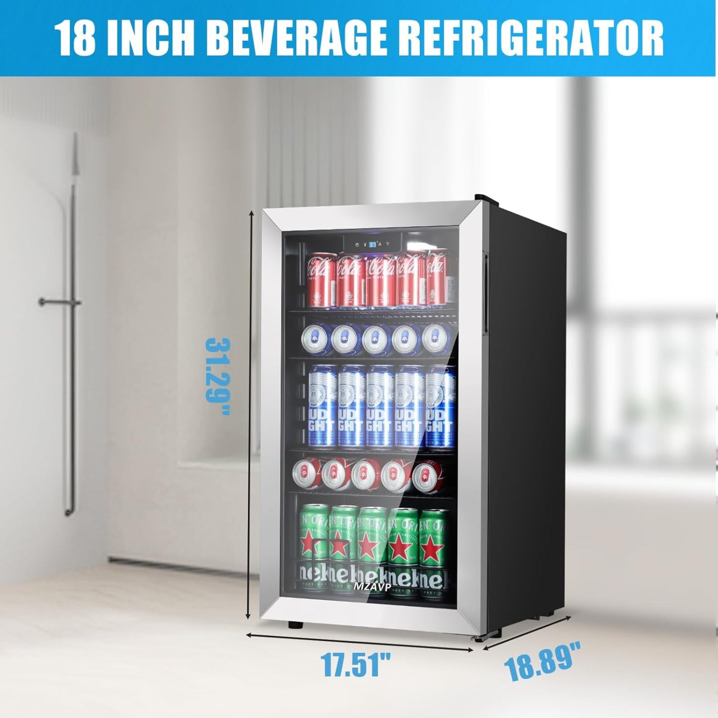 MZAVP - Refrigerador de bebidas con 120 latas, no empotrado o integrado para bebidas con puerta de vidrio, mini refrigerador de cerveza para oficina o bar, luz indicadora blanca y puerta reversible