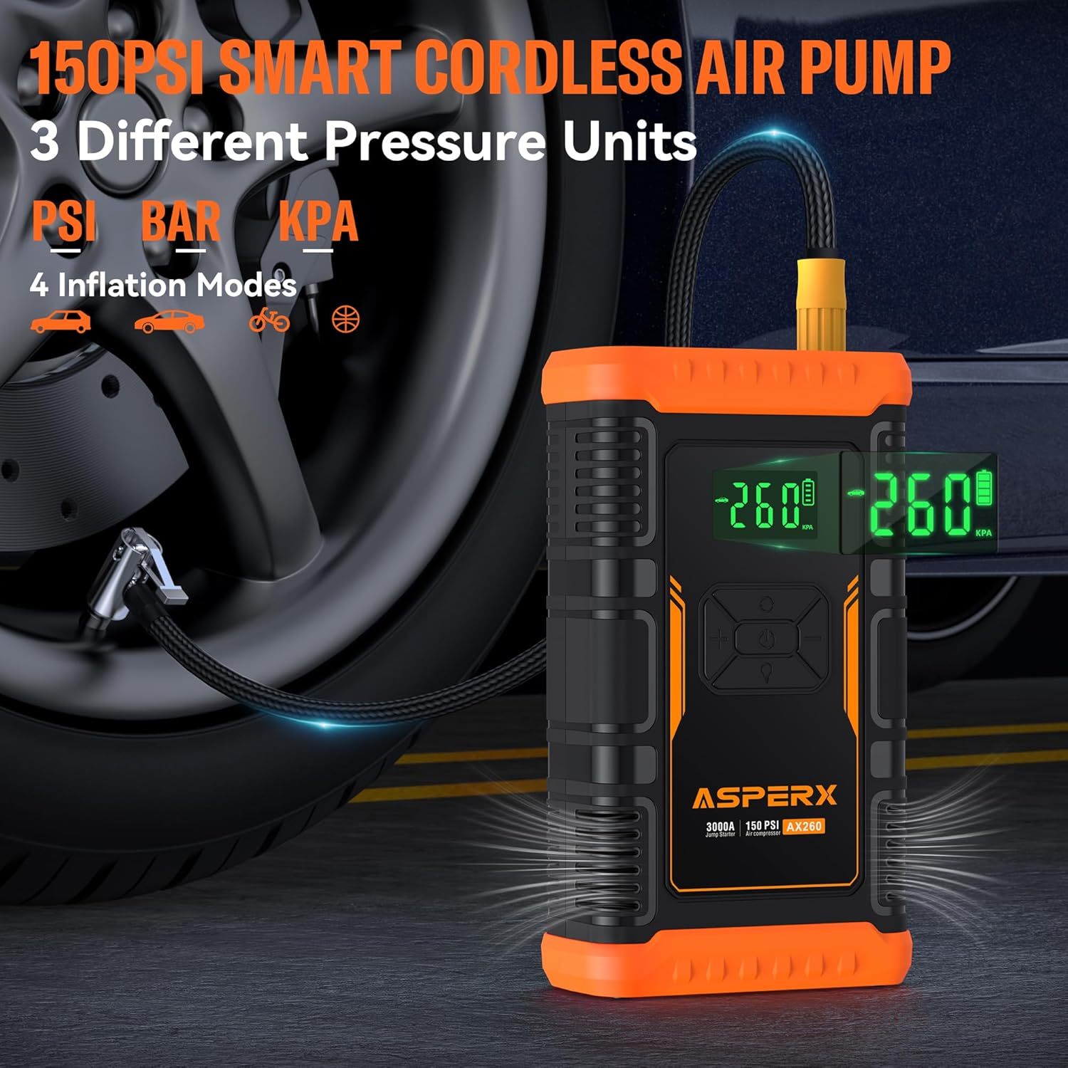 AsperX Arrancador de batería con compresor de Aire 150PSI, Arrancador de batería Portátil de 3000 A 12 V para Motor de Gasolina de hasta 10,0 l o diésel de 8.0 l, con Pantalla 3,4 Pulgadas, luz LED