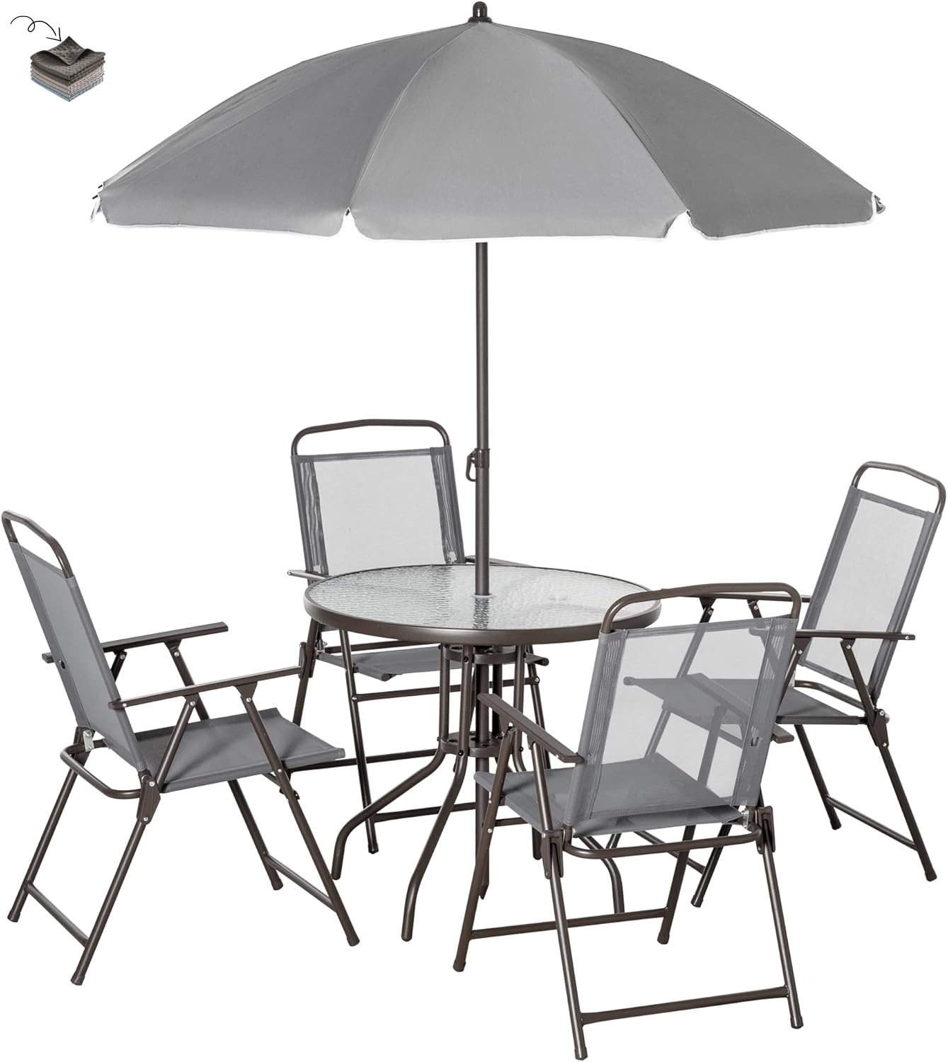 Outsunny - Juego de comedor de 6 piezas para 4 con paraguas, mesa y sillas al aire última intervensión con 4 sillas de comedor plegables y mesa redonda de vidrio para jardín, patio trasero y piscina
