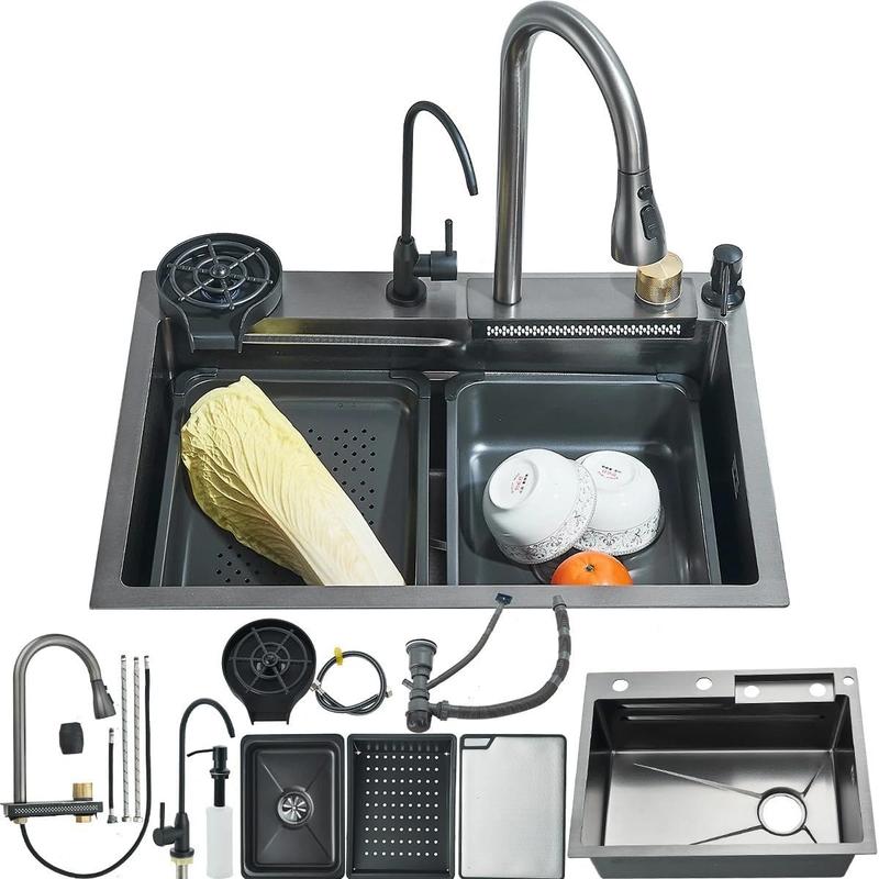 Fregadero de cocina, fregadero de acero inoxidable con cascada, fregadero moderno con dispensador y accesorios para bar, comedor y exterior (60 x 46 cm)