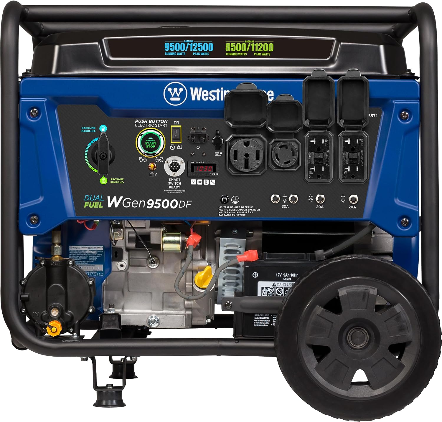 Generador portátil Westinghouse de 12500 W, combustible dual, arranque eléctrico remoto, interruptor de transferencia, alimentado por gas natural y propano