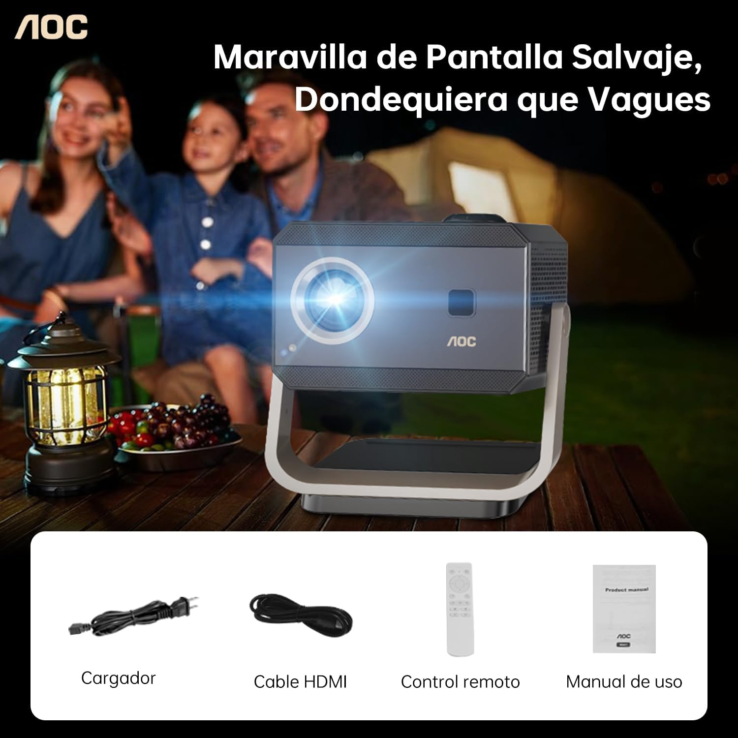 AOC Proyector portátil 4K Full HD,Enfoque automático,corrección Trapezoidal y ángulo Ajustable,con WiFi6 y Bluetooth,15000 lúmenes,Compatible con iOS,Android,PC,PS4 y PS5 para Trabajar y Jugar