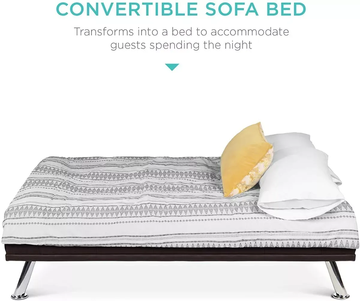 Sofá cama futón plegable portavasos de piel sintética marrón