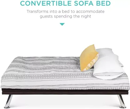 Sofá cama futón plegable portavasos de piel sintética marrón