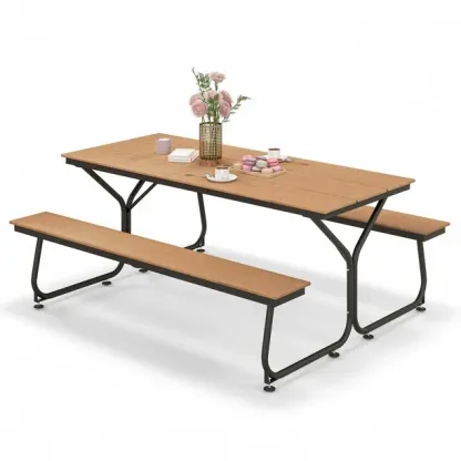 Costway Juego de Mesa y Banco para Picnic para 6-8 Personas, Mesa de Comedor y 2 Bancos con Estructura Metálica y Superficies de HDPE, Conjunto de Conversación para Balcón y Jardín, Marrón/Gris
