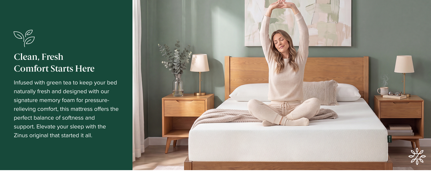 Woman wakes up refreshed on her Zinus Green Tea Memory Foam Mattress in a calm sunlit bedroom