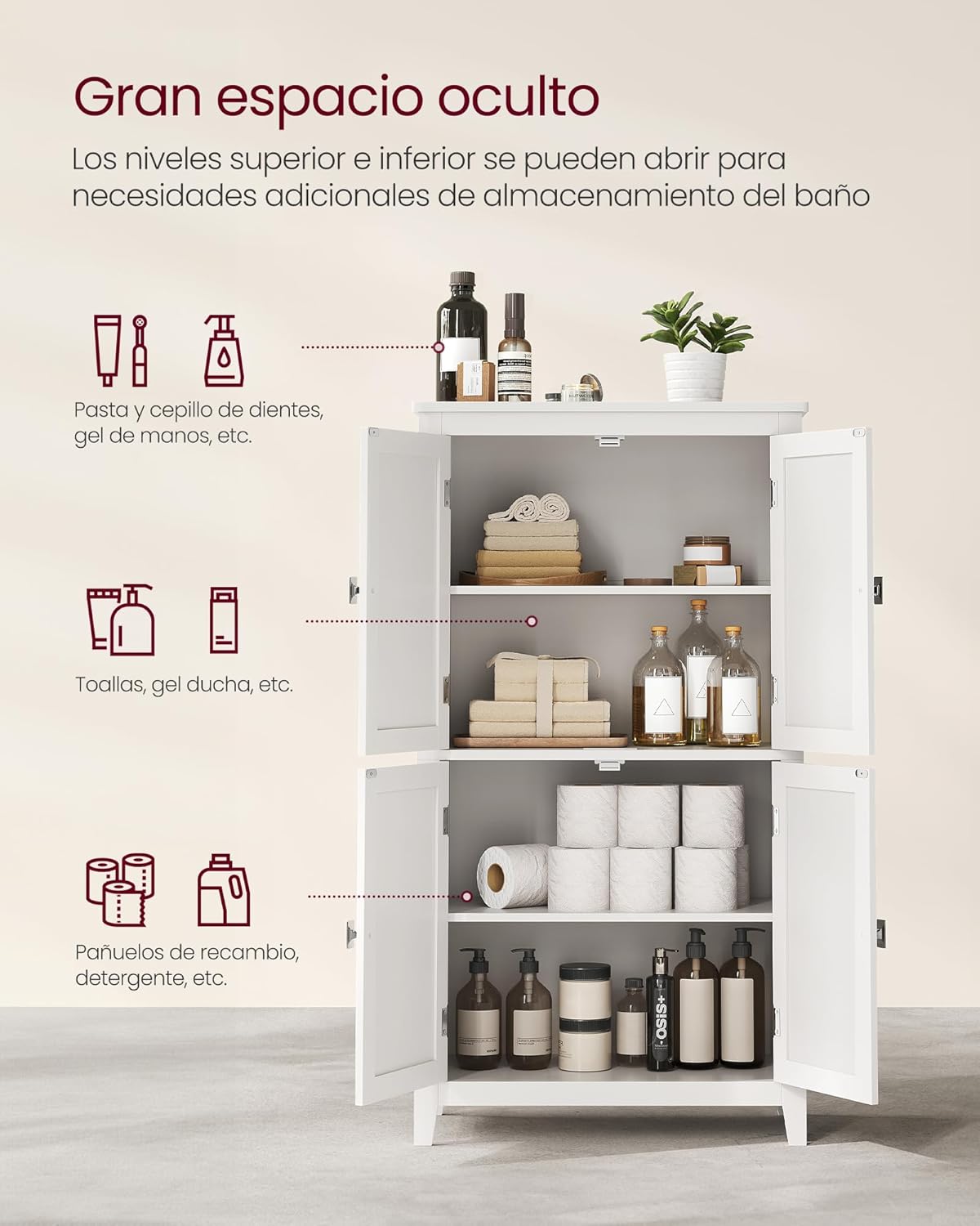 VASAGLE Mueble de Baño, Armario de Baño, Armario de Cocina, con 2 Puertas y 2 Cajones, Estantes Ajustables, 30 x 60 x 110 cm, Gris Paloma MBBC551G02