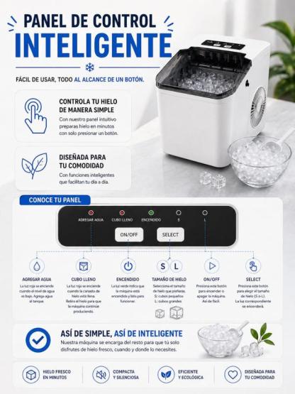 Máquina de Hielo Portátil Automática | Hielo en Minutos, Compacta y Silenciosa con 2 Tamaños de Cubo