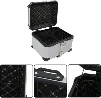 Labwork - Caja trasera para motocicleta de 45 l, con placa de montaje, aleación de aluminio dura, cierre de seguridad contra robo, metal plateado, caja trasera para maletero