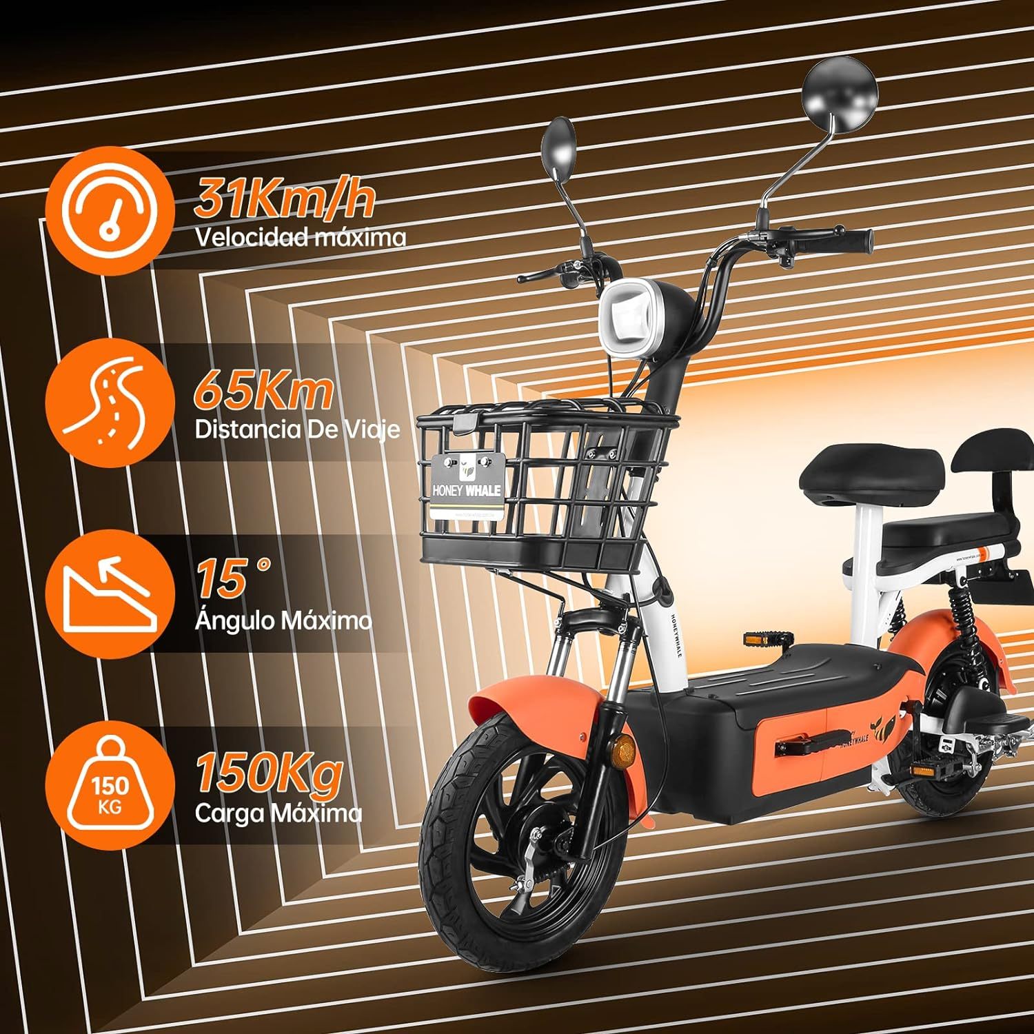 HONEYWHALE U1s Bicicleta eléctrica para adultos, bicicleta eléctrica con alarma, motor máximo 650W, velocidad máxima 31KM/H, autónoma 60-65KM, batería de gran capacidad 20AH, dos asientos