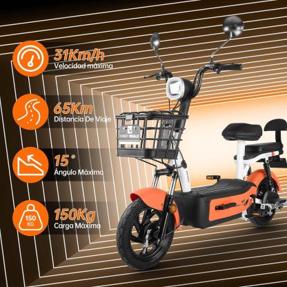 HONEYWHALE U1s Bicicleta eléctrica para adultos, bicicleta eléctrica con alarma, motor máximo 650W, velocidad máxima 31KM/H, autónoma 60-65KM, batería de gran capacidad 20AH, dos asientos