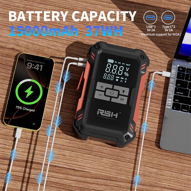 Arrancador de batería ultraseguro de 15000 mAh: Arranca vehículos con batería de 12 V. Incluye compresor de aire de 150 PSI, carga rápida de 45 W, medidor de presión de neumáticos y luz LED. Incluye cables de arranque, manguera de aire, bolsa de almacenam