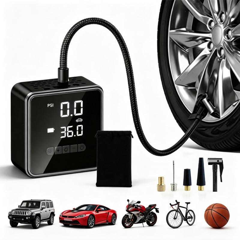 Inflador eléctrico portátil 5 en 1 con pantalla digital y función de apagado automático. Adecuado para coche, moto, bici y balón. Cuenta con batería recargable y modo power bank. Diseño ligero, inalámbrico y fácil de guardar, ideal para viajes y emergenci