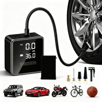 Inflador eléctrico portátil 5 en 1 con pantalla digital y función de apagado automático. Adecuado para coche, moto, bici y balón. Cuenta con batería recargable y modo power bank. Diseño ligero, inalámbrico y fácil de guardar, ideal para viajes y emergenci