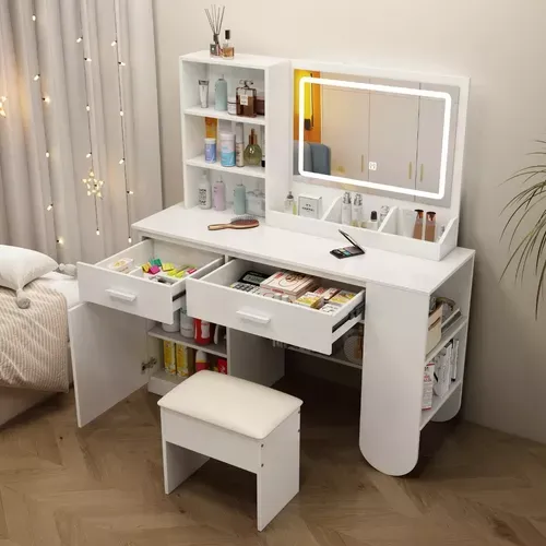 Tocador De Dormitorio Con Led Espejo Con Silla Compacto New Multifuncional Tocador Vanity Con Espejo Y Cajón Recamara