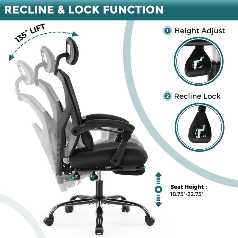 🔥Limited stock Only $29.9 today🎁Ergonomic Office Chair with Foot Rest and Adjustable Headrest, Mesh Swivel Rolling Task Chair