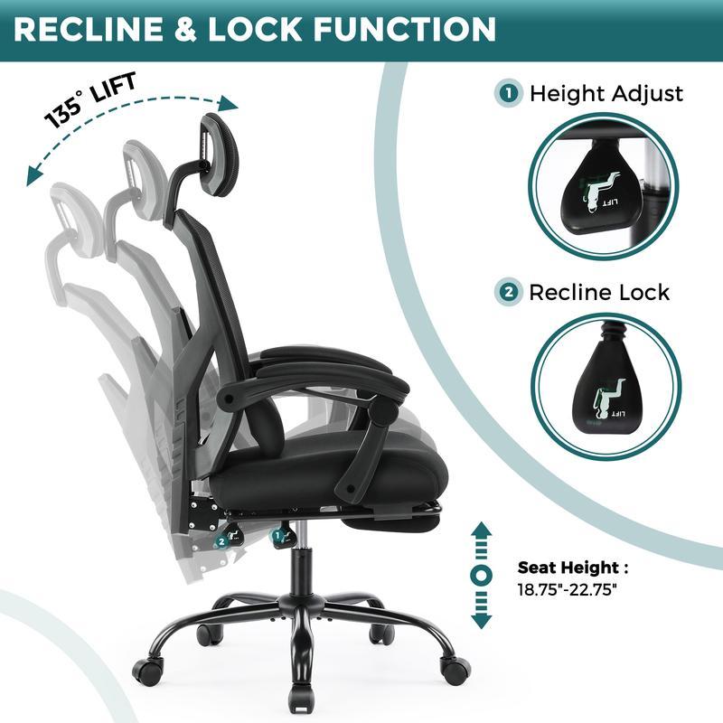 🔥Limited stock Only $29.9 today🎁Ergonomic Office Chair with Foot Rest and Adjustable Headrest, Mesh Swivel Rolling Task Chair