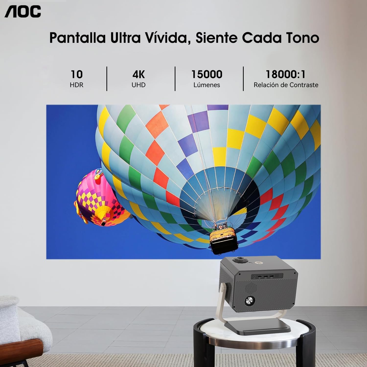 AOC Proyector portátil 4K Full HD,Enfoque automático,corrección Trapezoidal y ángulo Ajustable,con WiFi6 y Bluetooth,15000 lúmenes,Compatible con iOS,Android,PC,PS4 y PS5 para Trabajar y Jugar