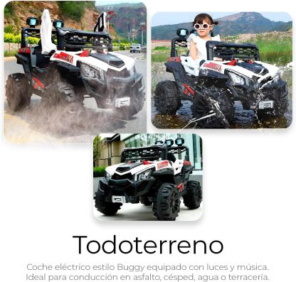 Raganet, Buggy Electrico Montable para Niños Color Rojo, Carrito de Control Remoto y Manejo Directo, con Luces, Estereo y Pedales Funcionales, Medidas: Alto 76cm X Ancho 68cm X Largo 109cm