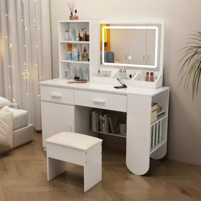 Tocador De Dormitorio Con Led Espejo Con Silla Compacto New Multifuncional Tocador Vanity Con Espejo Y Cajón Recamara