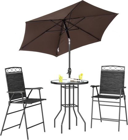 Outsunny - Juego de 4 Muebles de Comedor para Patio al Aire última intervensión, 2 sillas Plegables, Paraguas de ángulo Ajustable, Mesa de Comedor de Vidrio Templado con Textura Ondulada, Color café